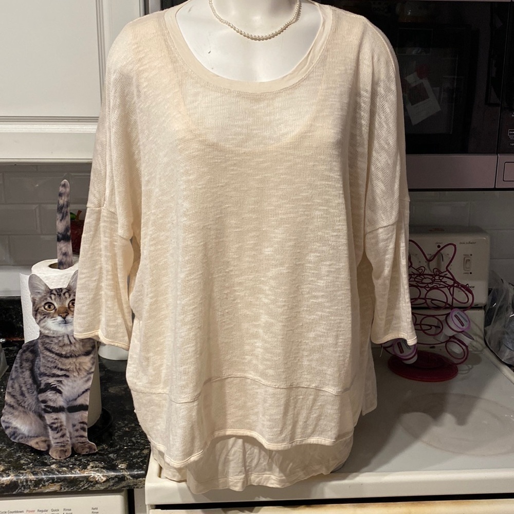 a womens Grace Elements casual knit 3/4 sleeve stretch solid beige top 1X